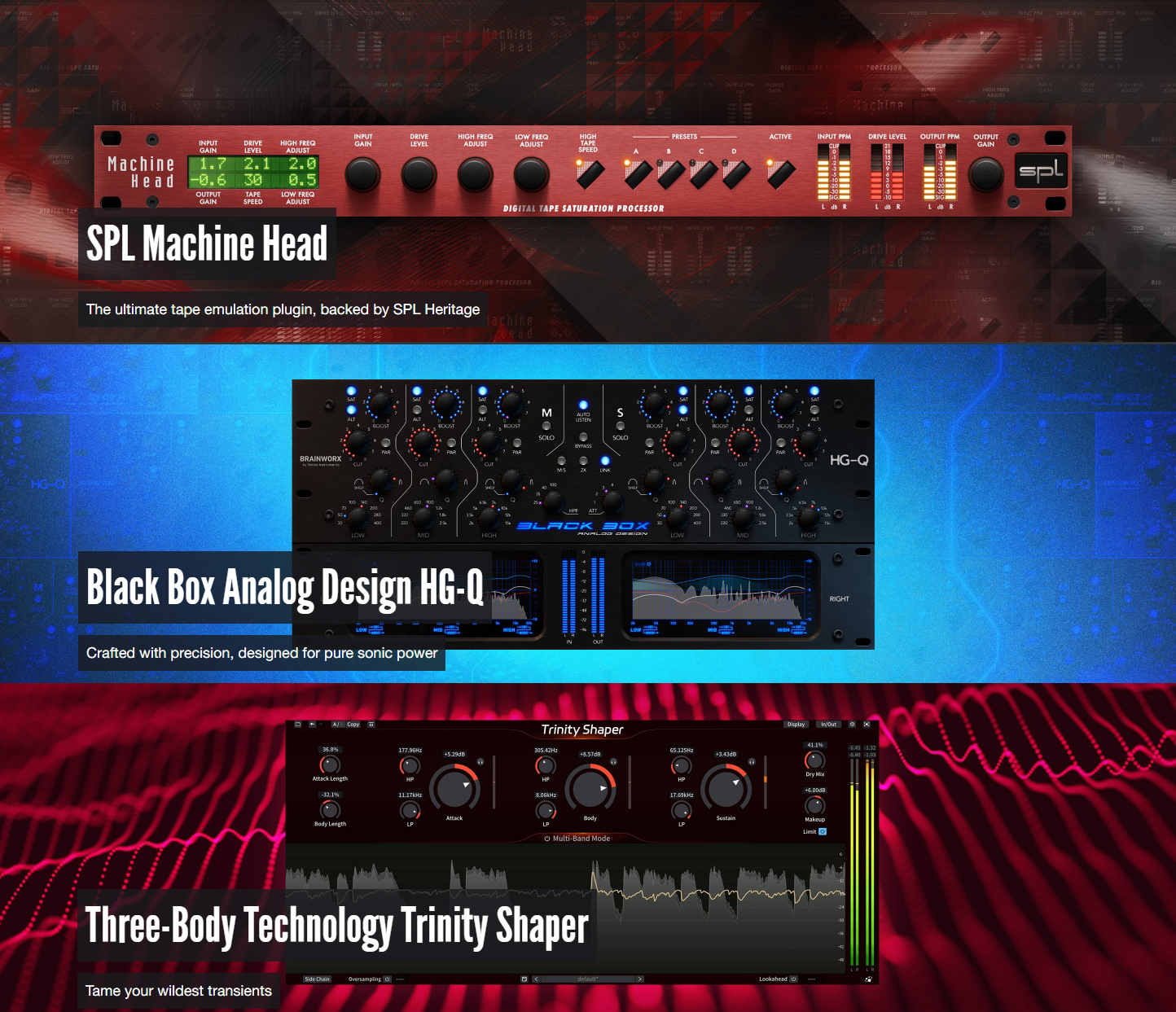 Plugin Alliance SPL Machine Head, Black Box HG-Q, TBT Trinity Shap